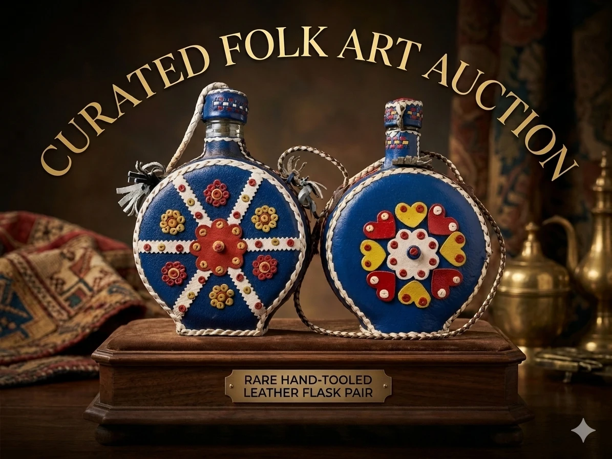 Mid-Century Yugoslavian Folk Art Leather-Wrapped Flasks