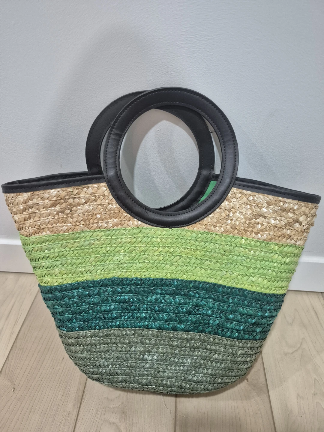 Boho Striped Straw Tote Bag with Round Handles