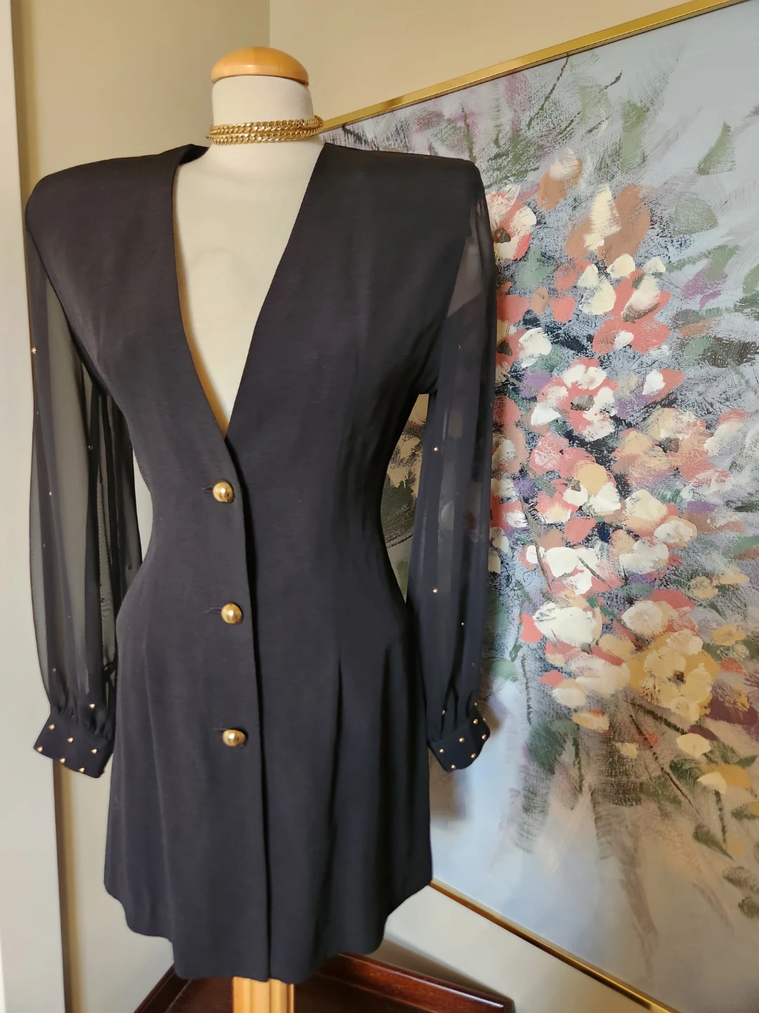 Black Sheer Sleeve Dress with Gold Accents is 80s gold!
