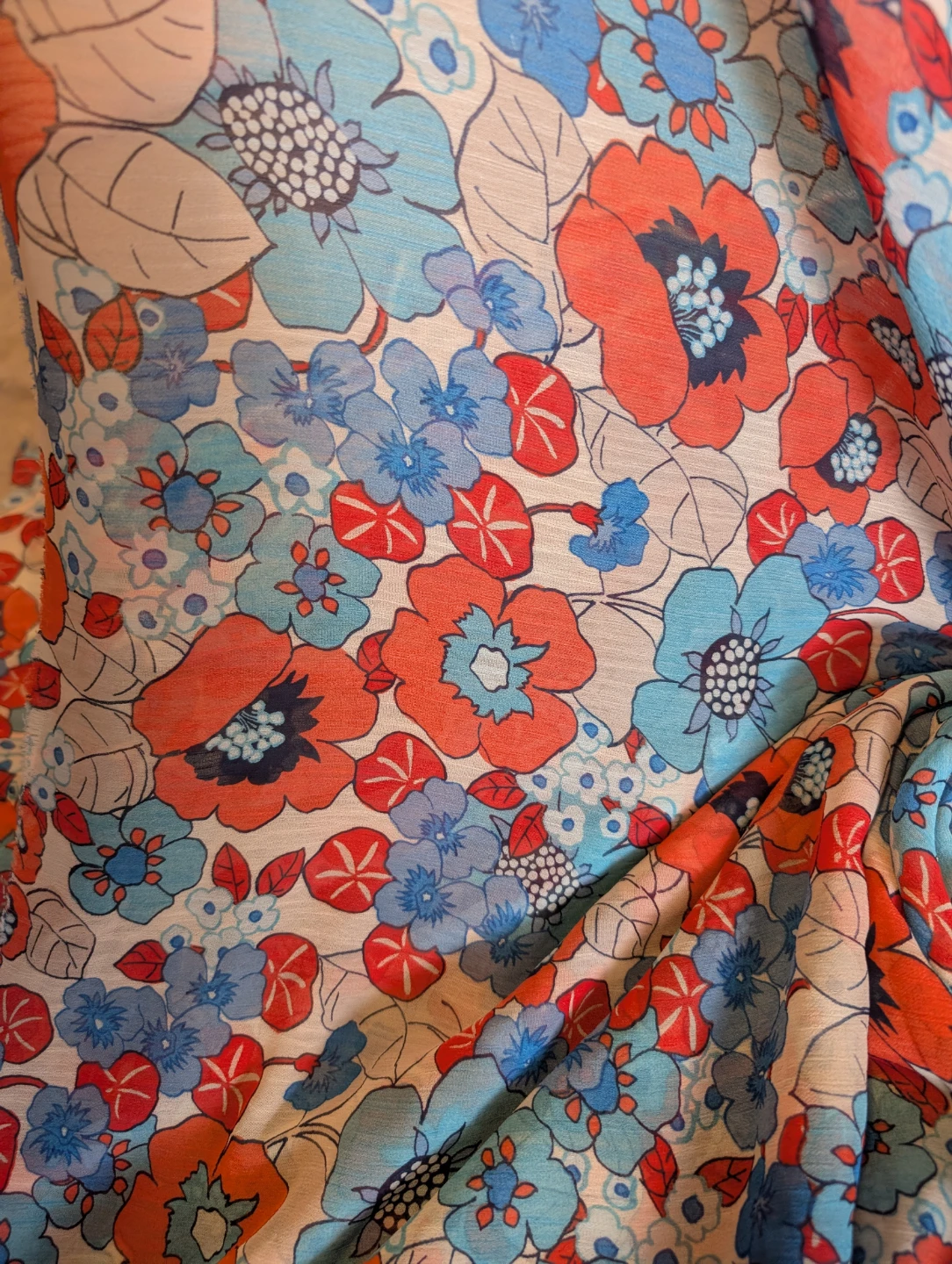 Floral Print Fabric - Blue, Orange - photo 4