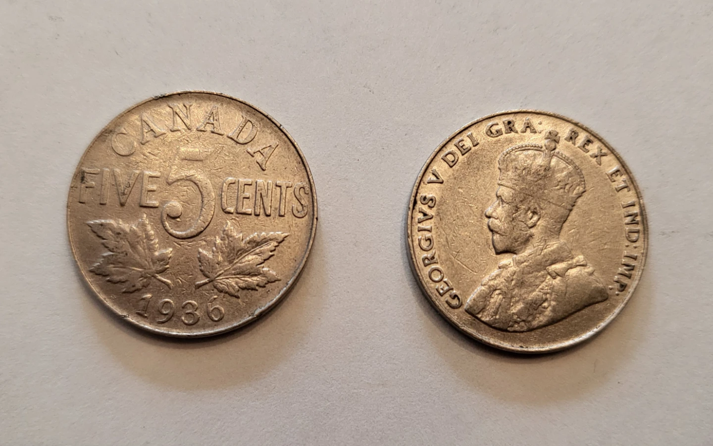Vintage 1936 Canadian Five Cent Coin