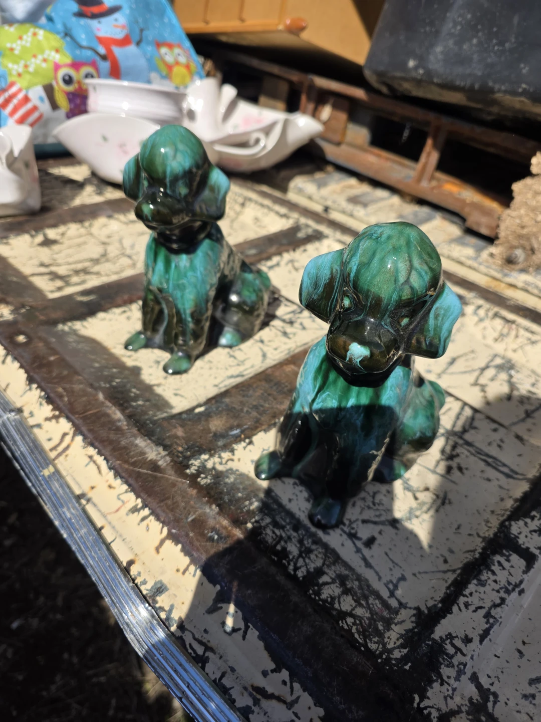 Pair of Ceramic Poodle Figurines - Green Glaze - photo 3