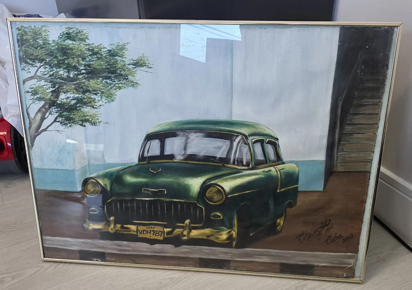 Framed 20x28" painting from Cuba 2012 1955 Chevrolet