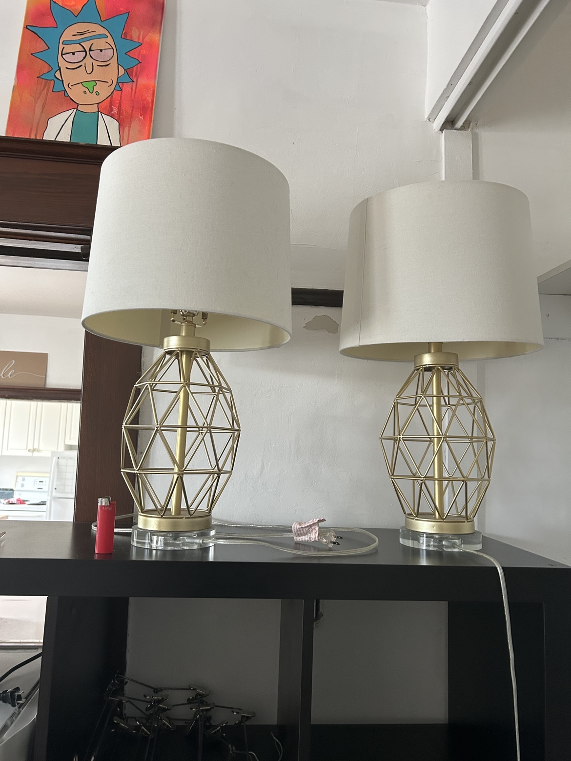 Pair of Gold Geometric Table Lamps with White Shades