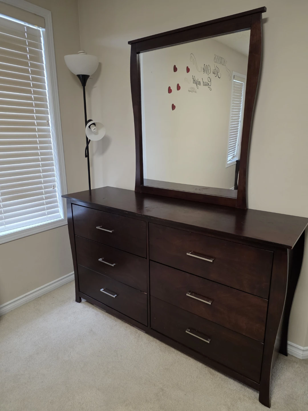 Dark Wood Bedroom Set - Bed Frame, Dresser, Nightstands & Mirror