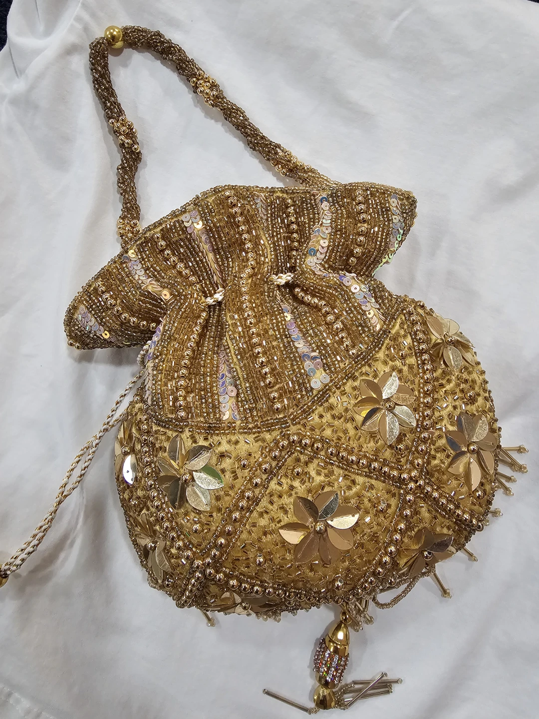 Gold Beaded Drawstring Pouch Bag