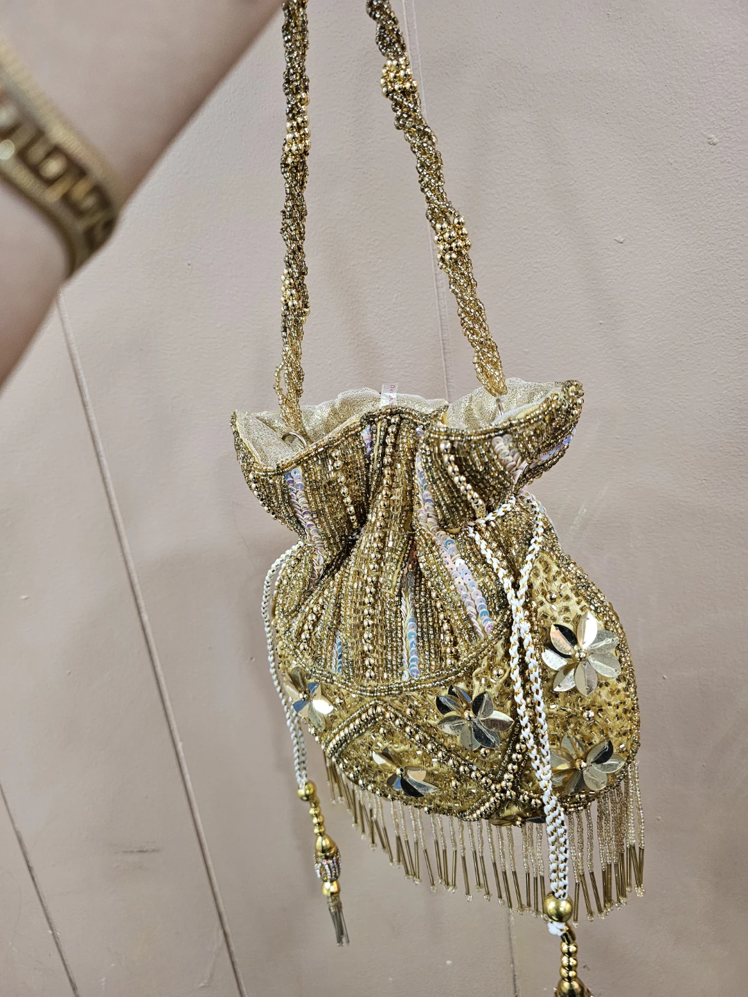 Gold Beaded Drawstring Pouch Bag - photo 3