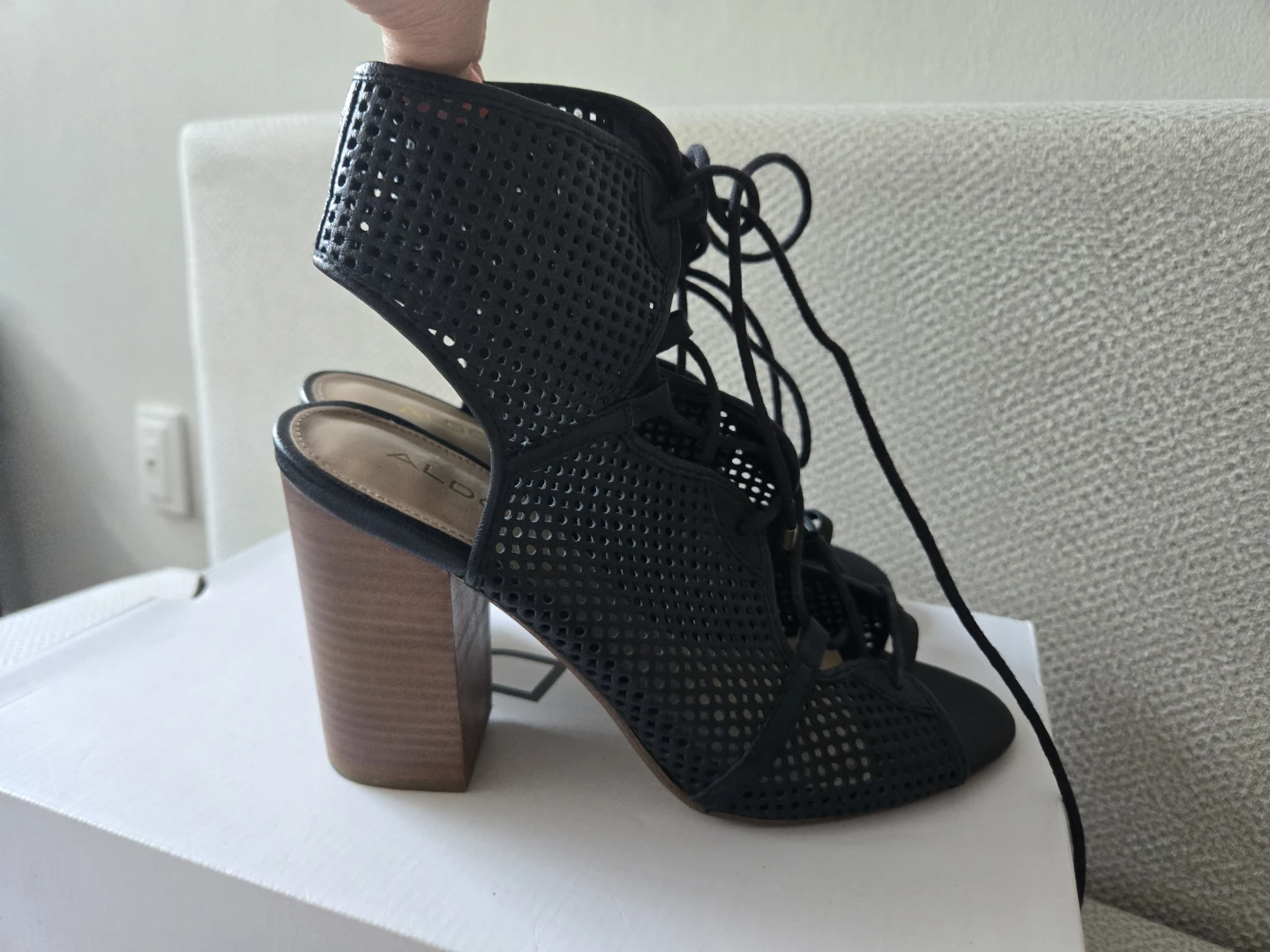 ALDO Black Mesh Lace-Up Heeled Sandals | genuine leather | US 9