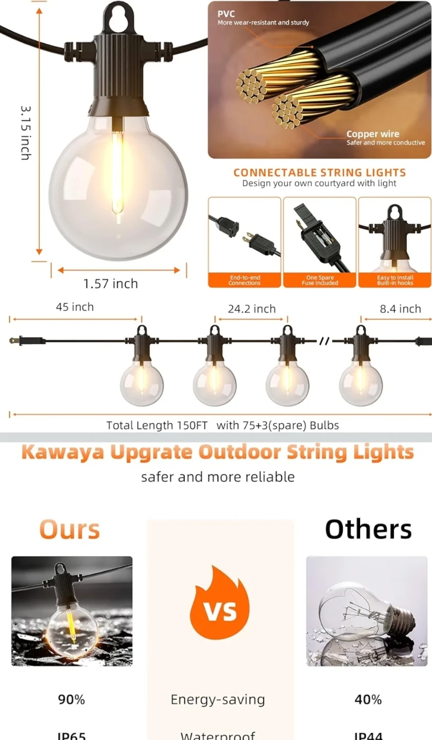 Kawaya 150FT Outdoor String Lights with 75 G40 Bulbs - photo 4
