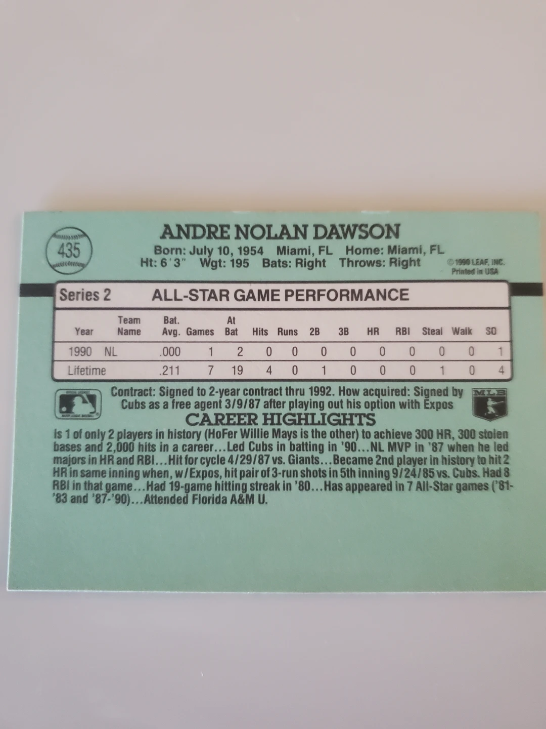 1991 Donruss Andre Dawson Baseball Card - photo 2