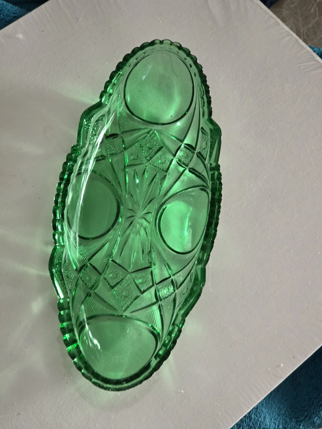 Vintage Green Glass uranium Relish Dish