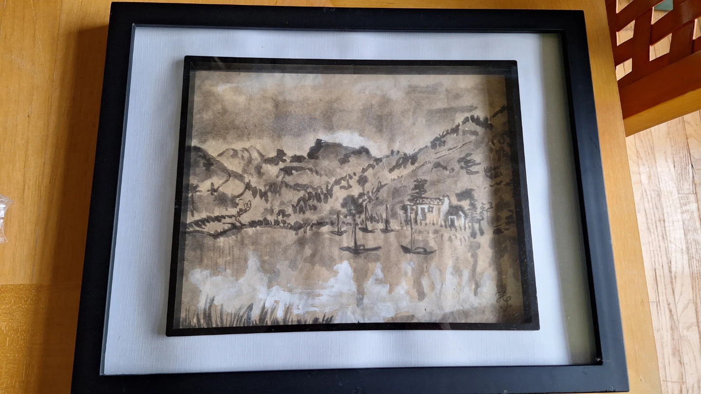 Framed Watercolour Painting of Boats and Mountains