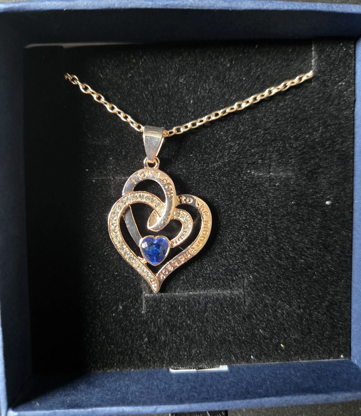 Rose Gold Double Heart Pendant Necklace with Blue Stone