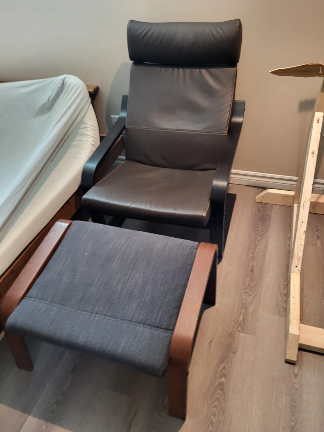 Brown Leather IKEA Poang Chair with Ottoman