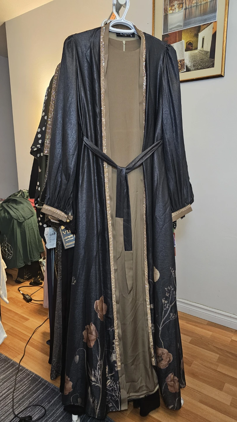 Black floral open-front abaya