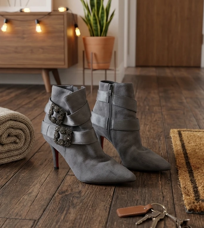 Grey Suede Ankle Boots with Buckle Detail