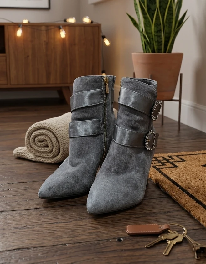 Grey Suede Ankle Boots with Buckle Detail - photo 2