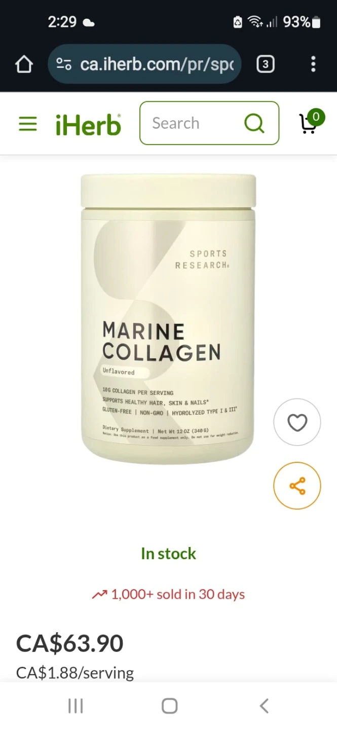 Sports Research Marine Collagen Unflavoured - 2 x 340g