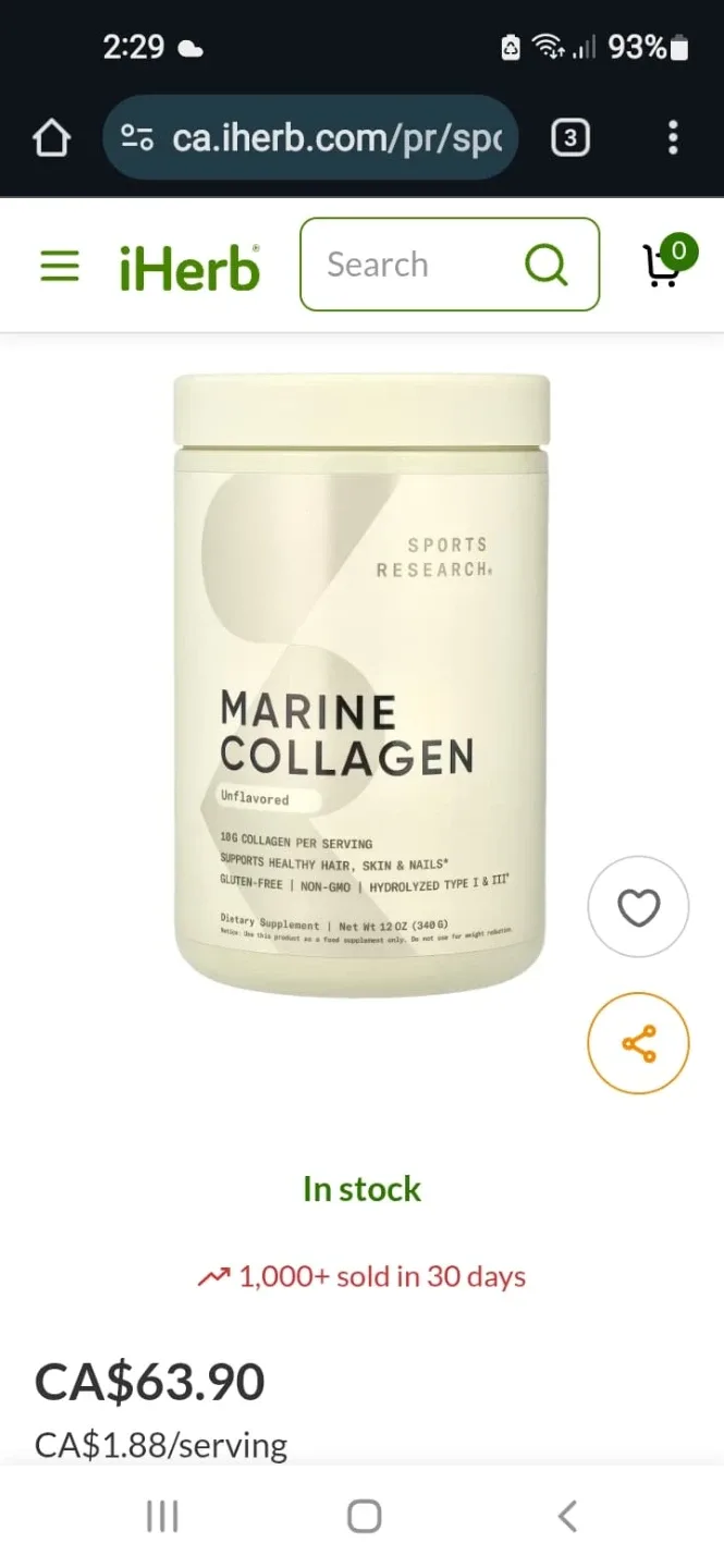 Sports Research Marine Collagen Unflavoured - 2 x 340g