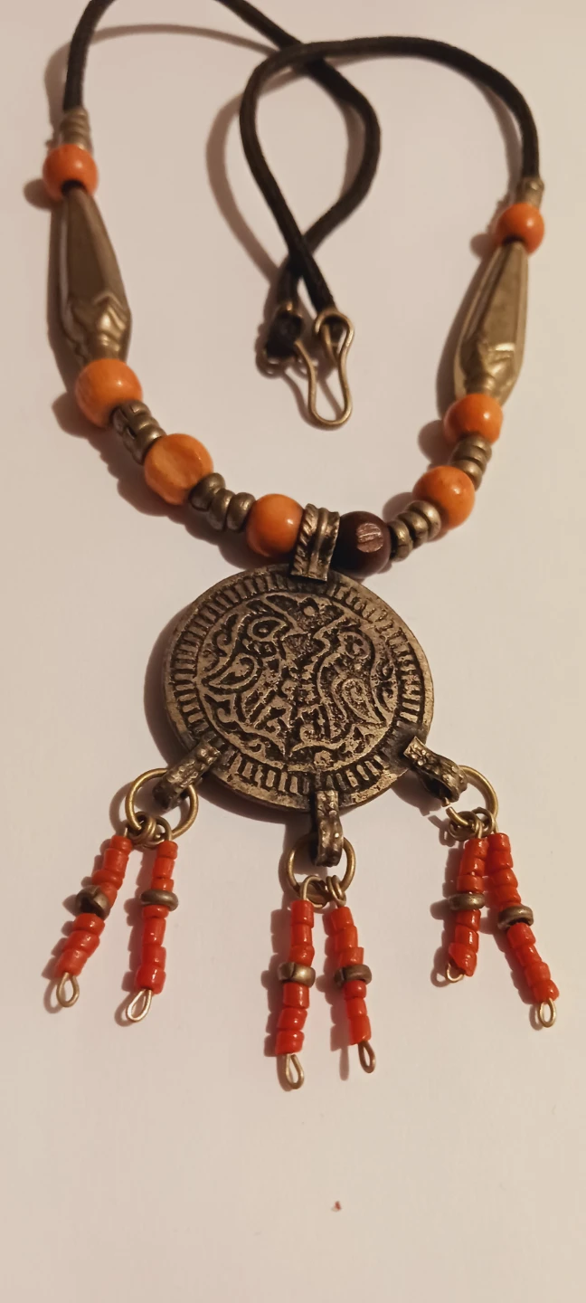 Ethnic Tribal Coin Pendant with Coral Beads Beaded Necklace - photo 3