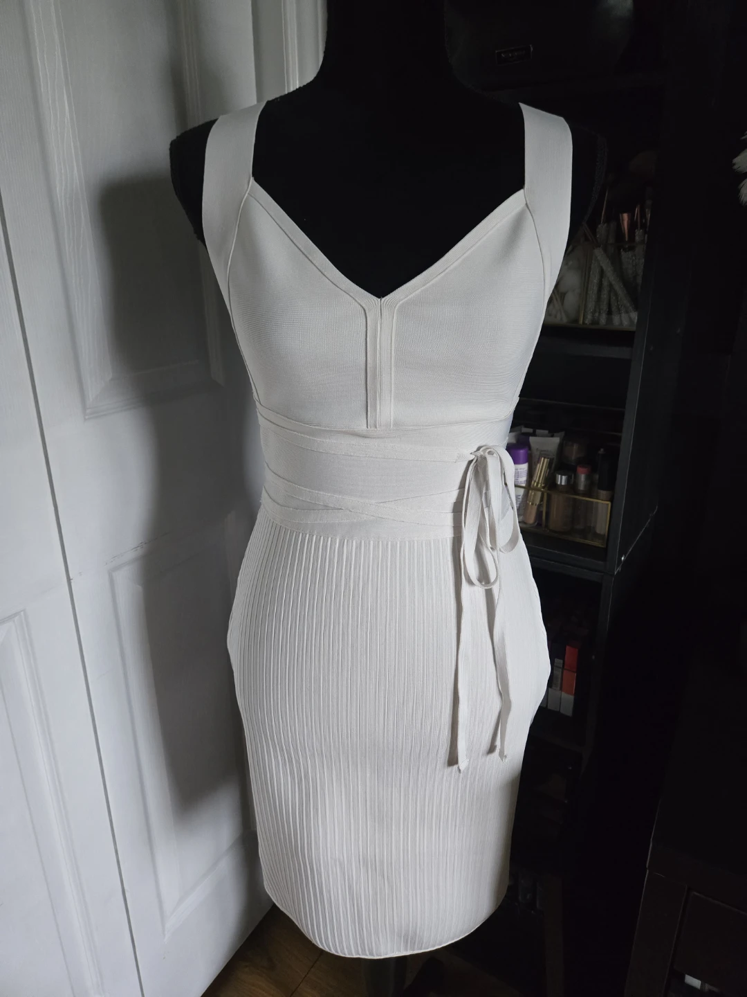 White Sleeveless Bodycon Dress with Tie Waist - photo 3