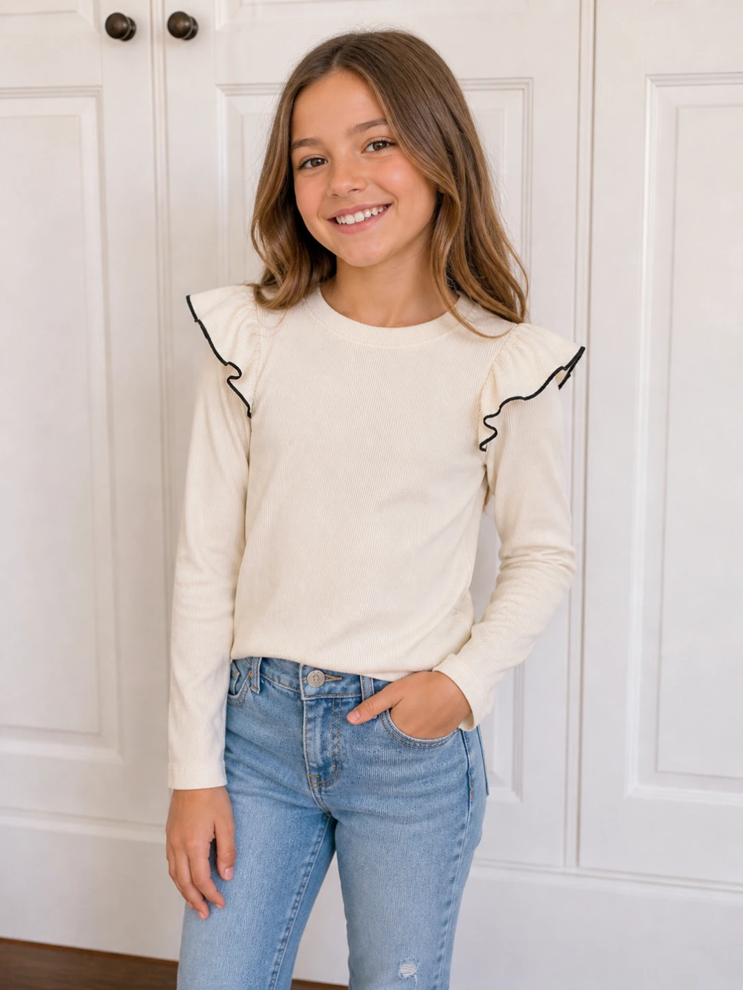 ZARA Cream Ruffle Shoulder Long Sleeve Top New With Tags 11-12Y