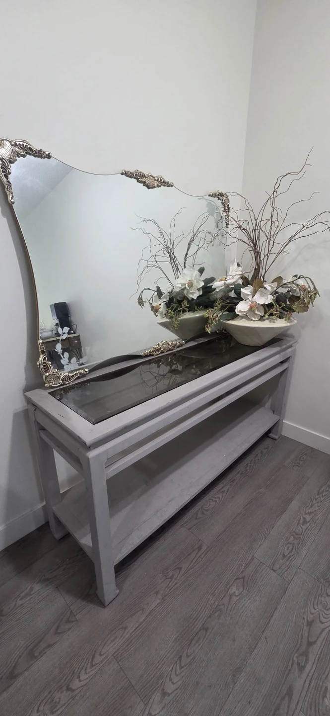 Grey Console Table with Glass Top and Mirror