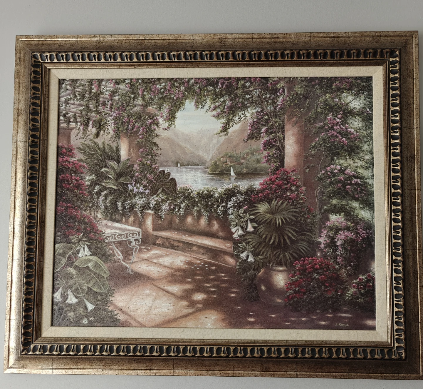 Framed Landscape Painting with Lake and Mountains