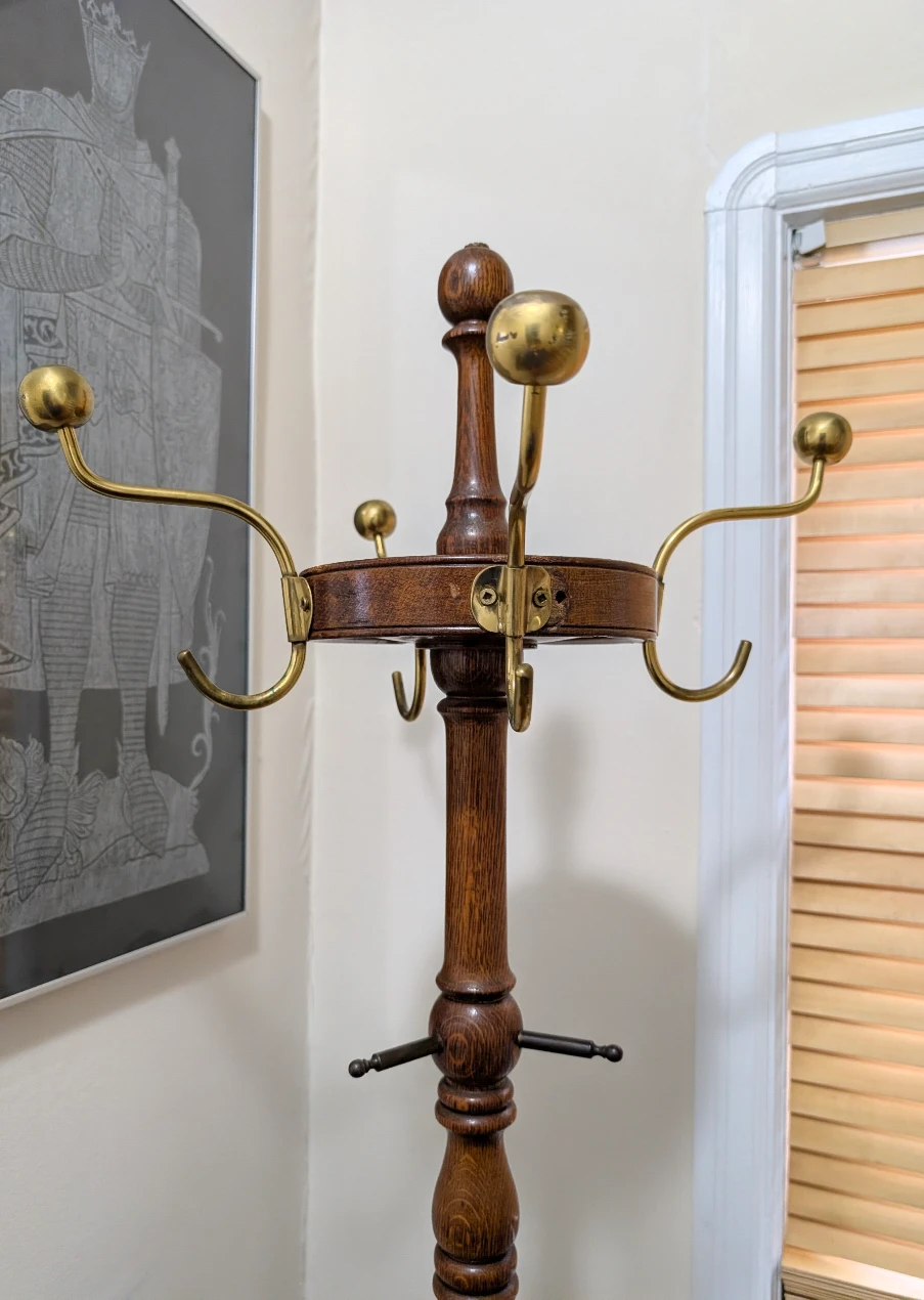 Oat Hall Tree Coat Rack Brass Hooks and Hoof Carved Feet - photo 5