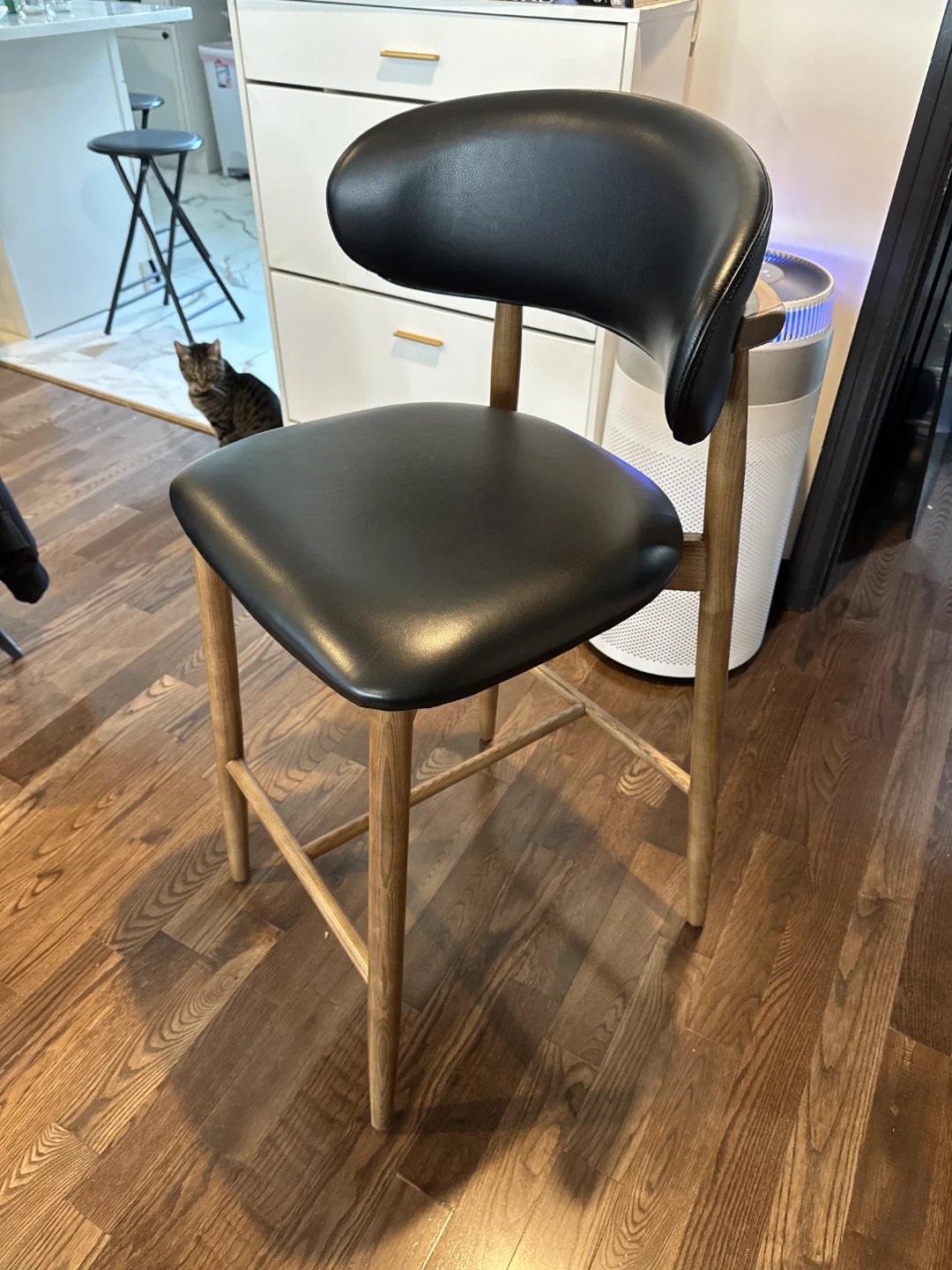 Black genuine  Leather Bar Stool with Wood Legs
