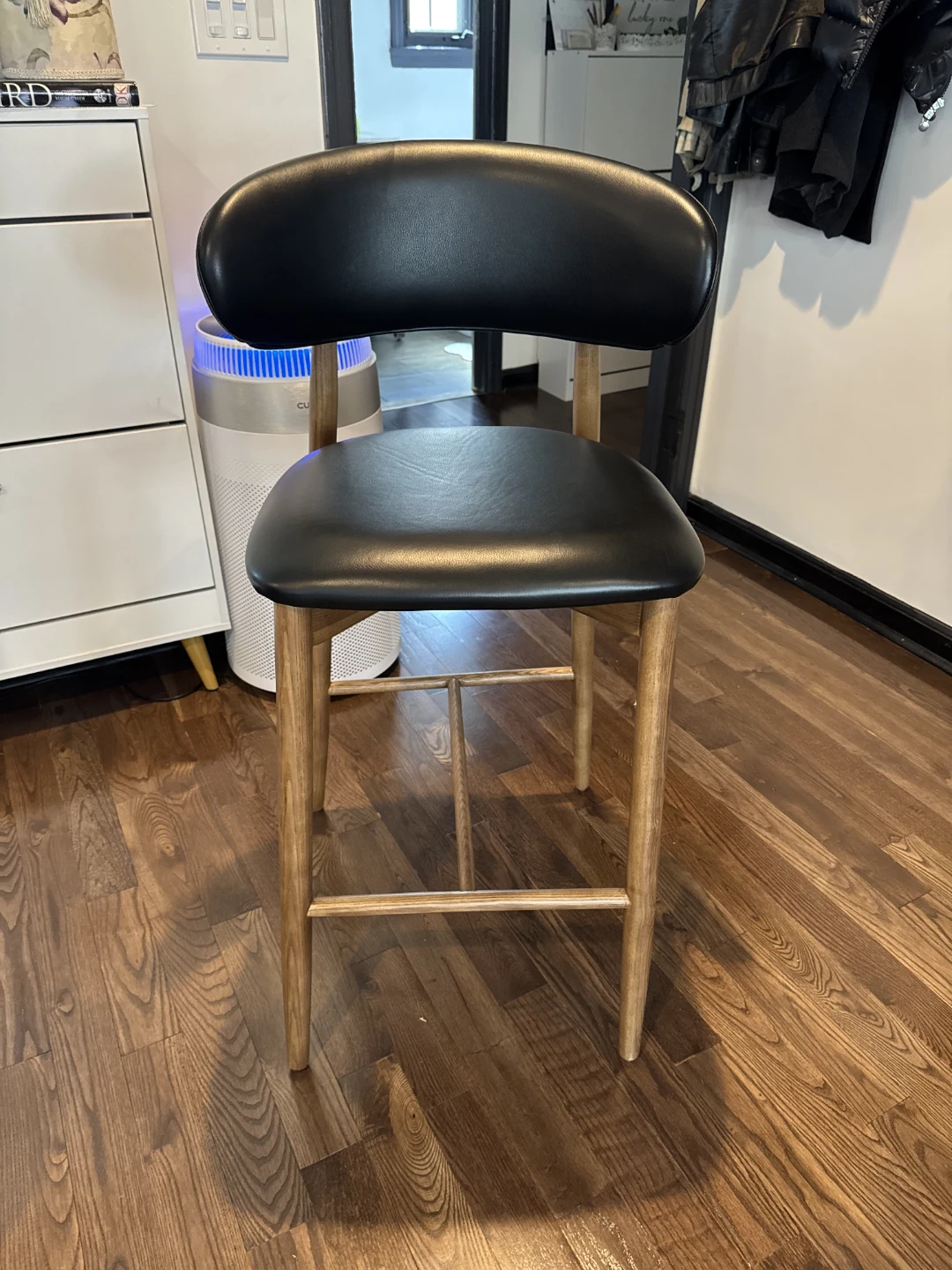Black genuine  Leather Bar Stool with Wood Legs - photo 2