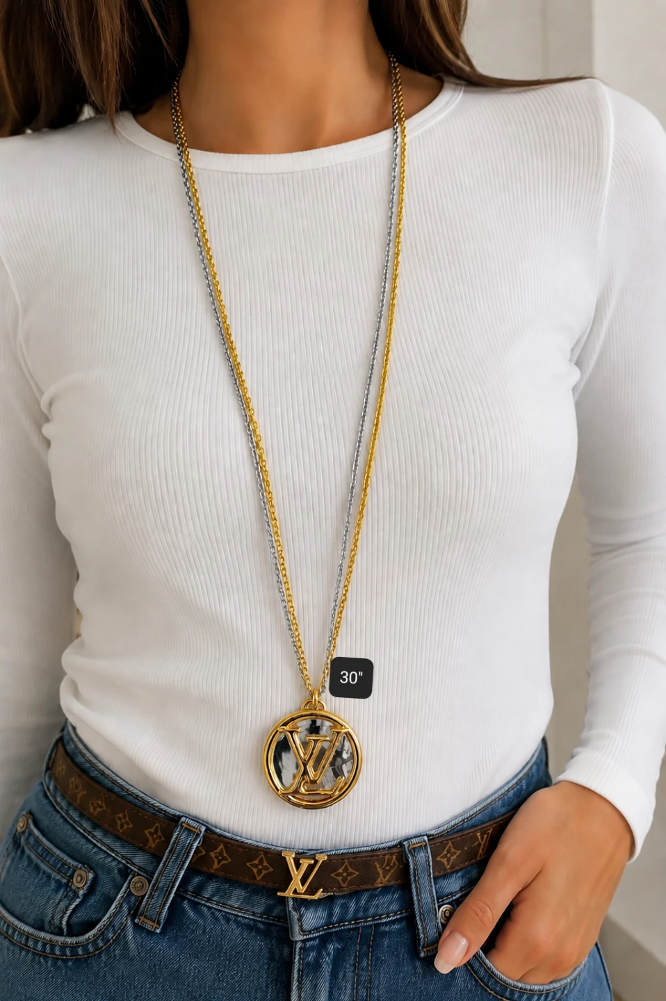 Louis Vuitton Monogram Pendant Necklace - Gold Tone 30"