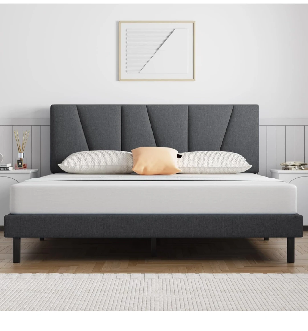 Full Size Upholstered Bed Frame with Headboard & Mattress - Grey