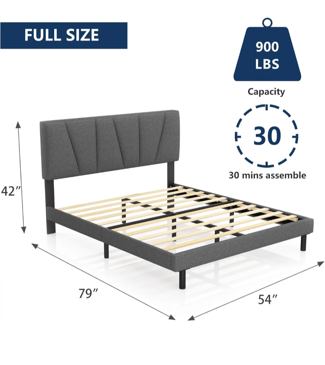 Full Size Upholstered Bed Frame with Headboard & Mattress - Grey - photo 2