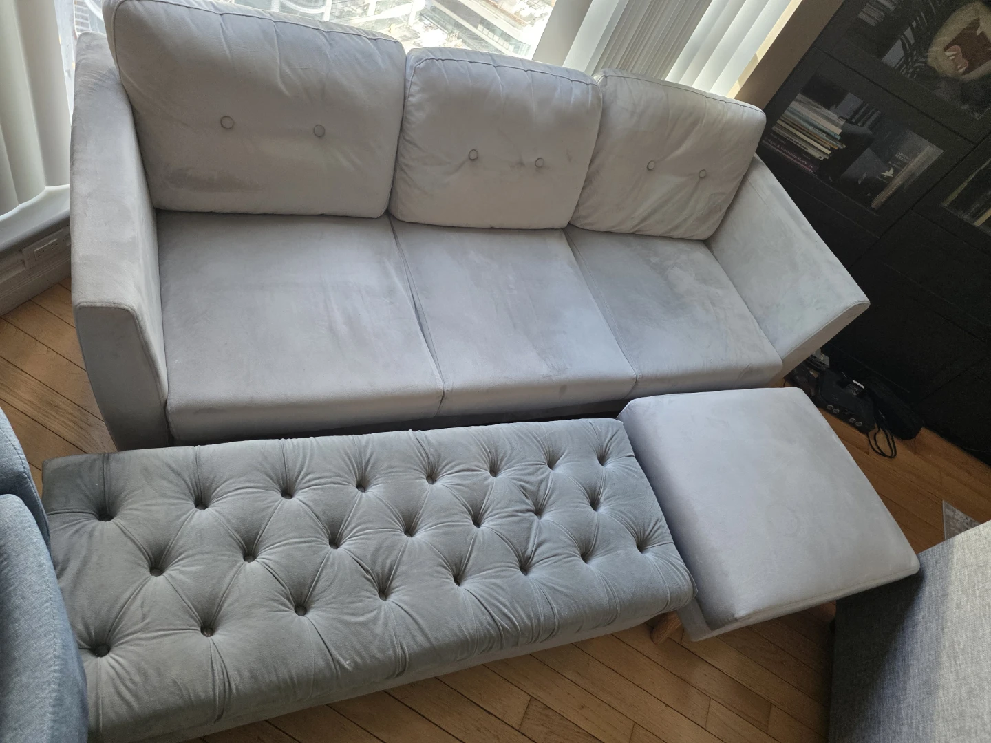 Grey Velvet 3-Seater Sofa with Ottoman and Tufted Bench