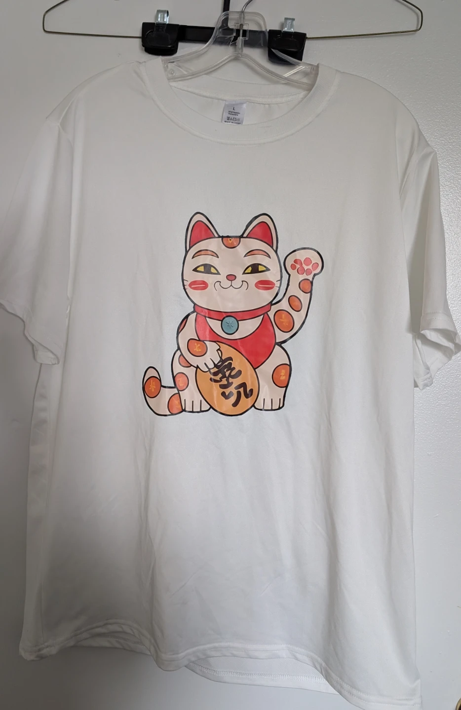 White T-Shirt with Maneki Neko Graphic - Size L