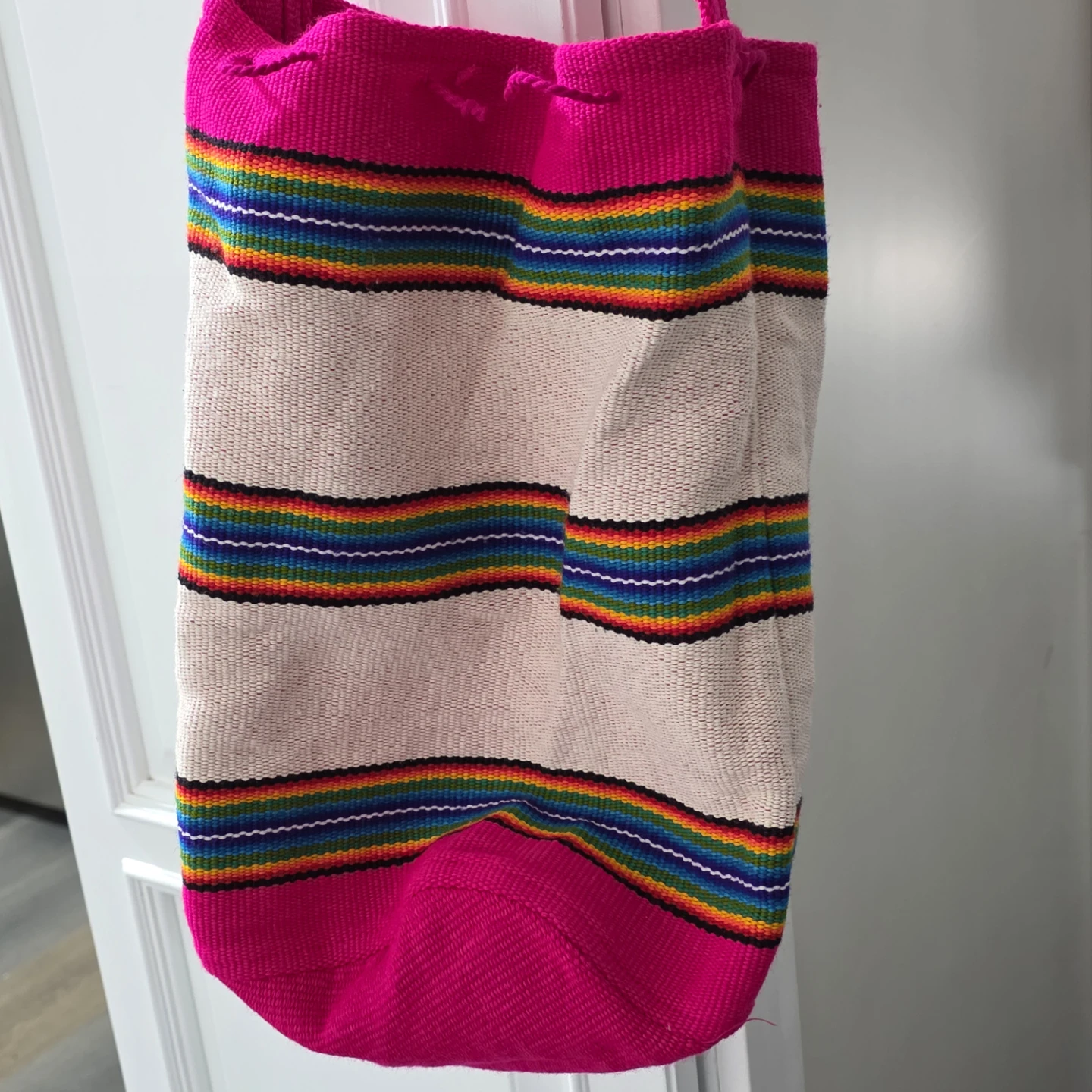 Handwoven Boho Bag with Rainbow Stripes