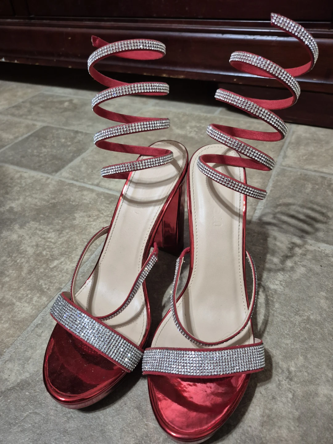 Women's Red Spiral Heel Sandals with Rhinestone