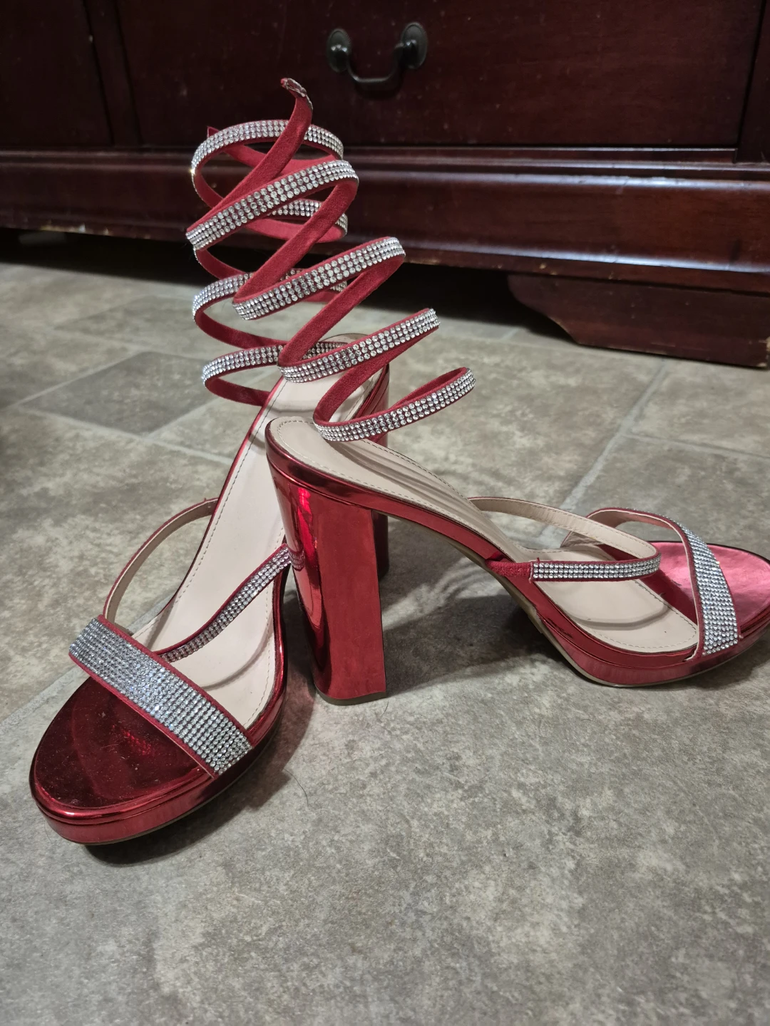 Women's Red Spiral Heel Sandals with Rhinestone - photo 2