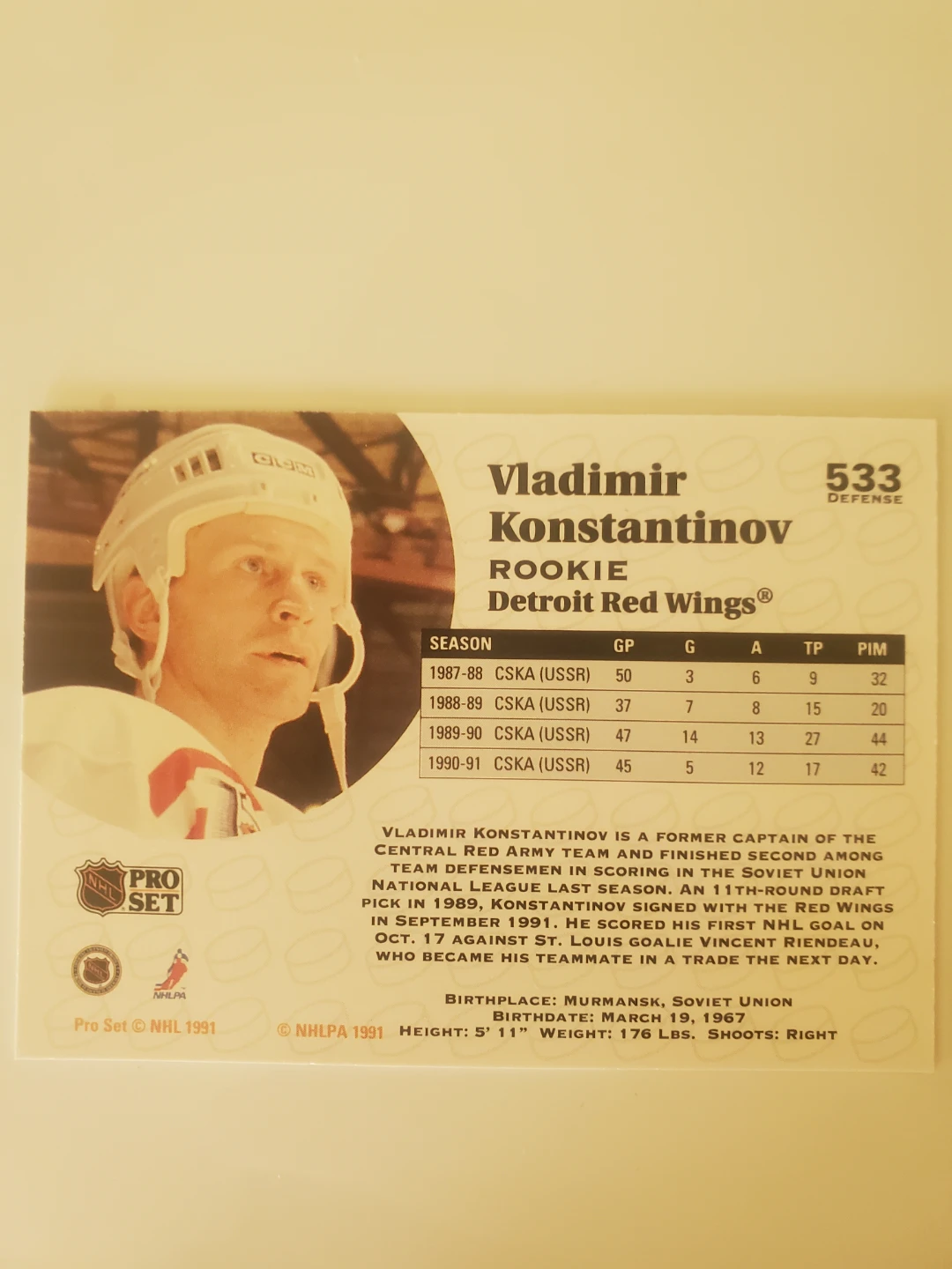 Pro Set 1991 Vladimir Konstantinov Rookie Hockey Card - photo 2