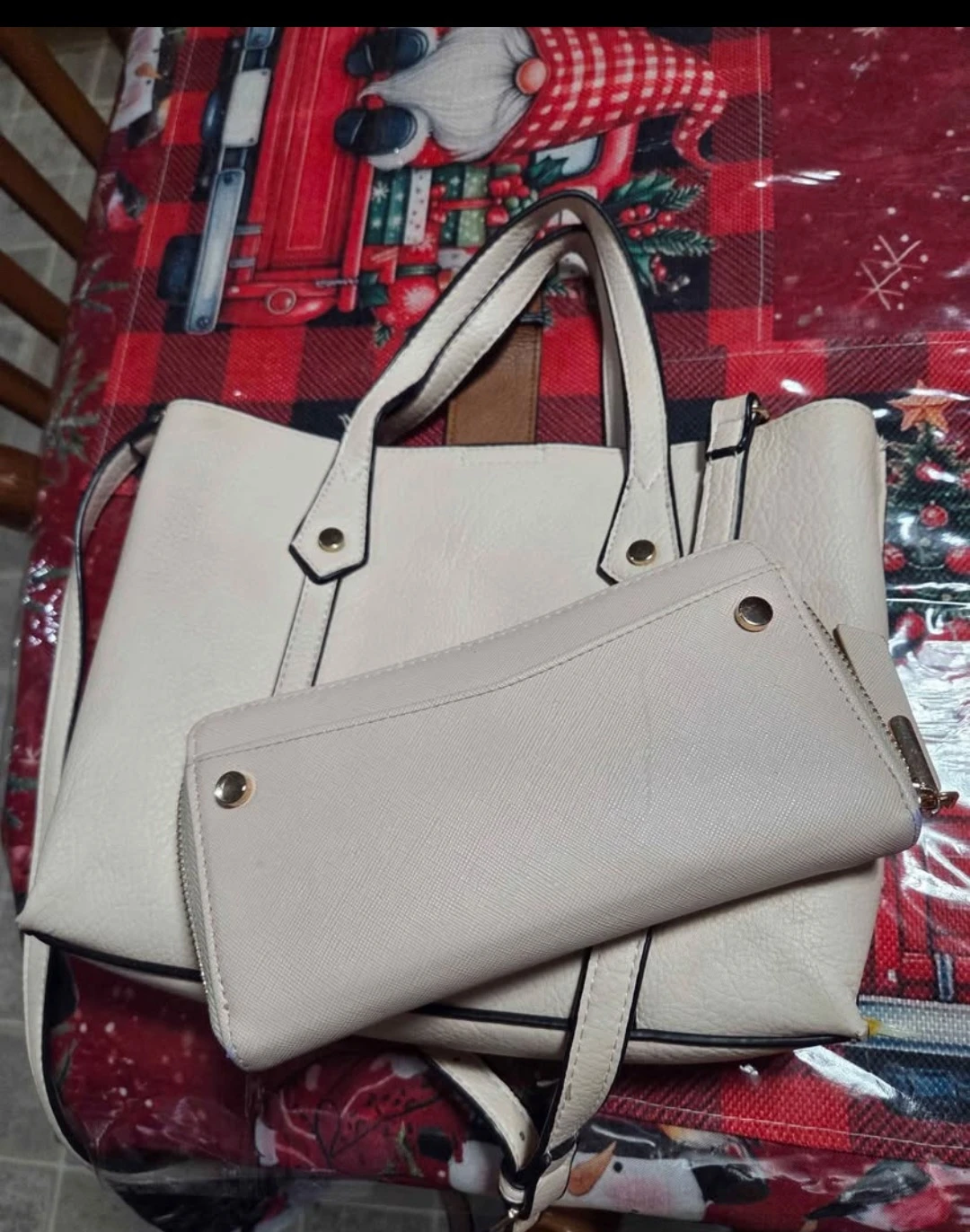 Cream Faux Leather Tote Bag and Matching Wallet