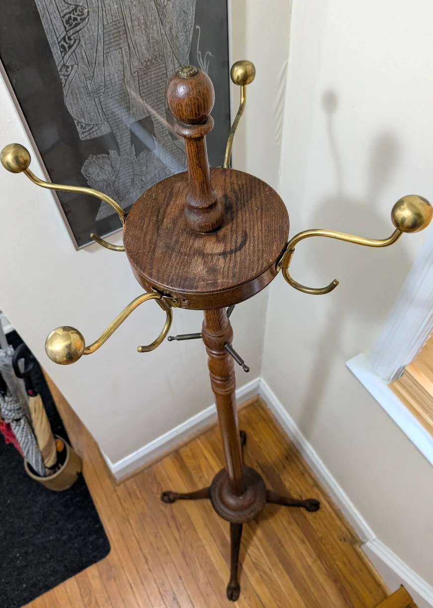 Oat Hall Tree Coat Rack Brass Hooks and Hoof Carved Feet - photo 2