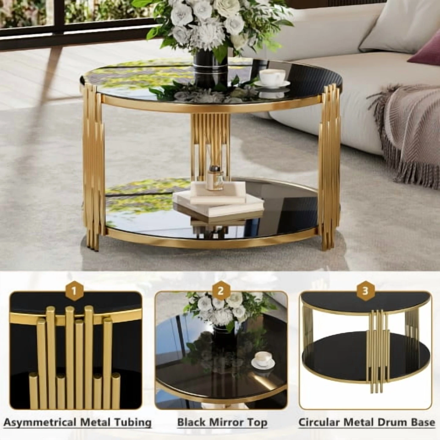 Round Coffee Table with Black Mirror Top and Gold Finish - photo 4
