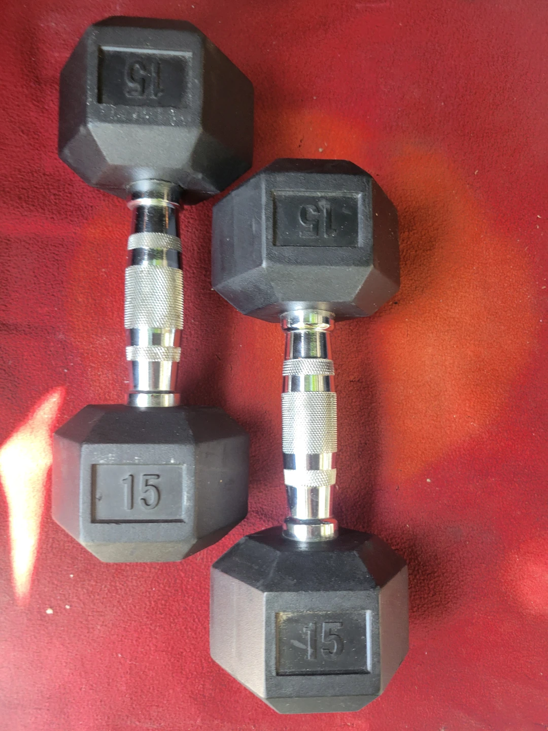 SET OF  15s. RUBBER COATED HEXHEAD DUMBBELLS  TOTAL 30LBs