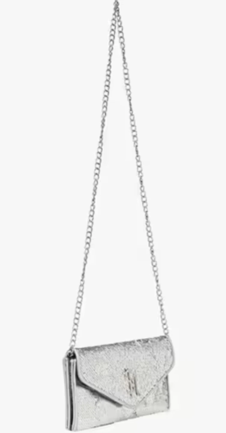 Steve Madden Silver Sequin Clutch with Chain Strap