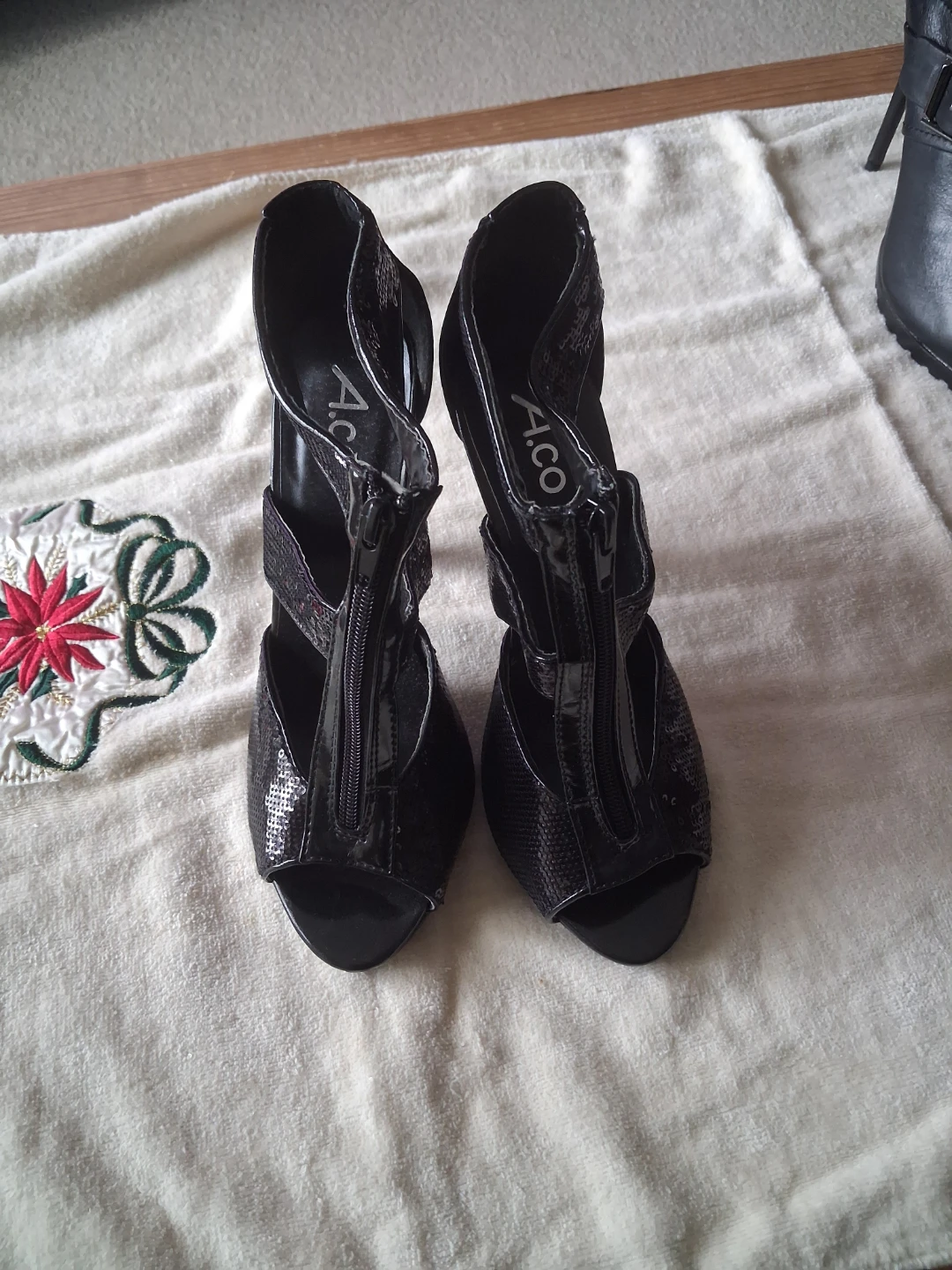 A.CO Black Sequined Zipper Heels