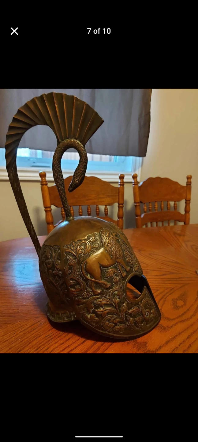 Vintage Bronze Decorative Helmet with Serpent and Lion Detail