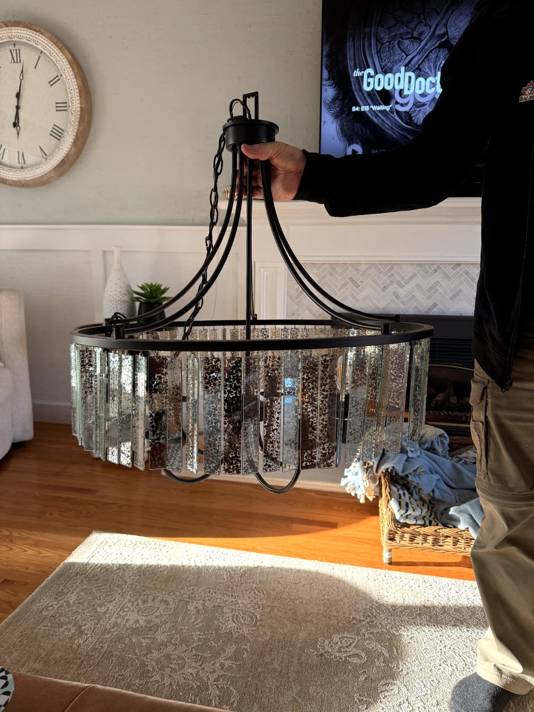 Black Chandelier with Decorative Glass Panels