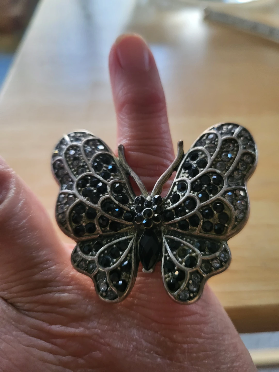 Butterfly Ring with Black and Clear Stones