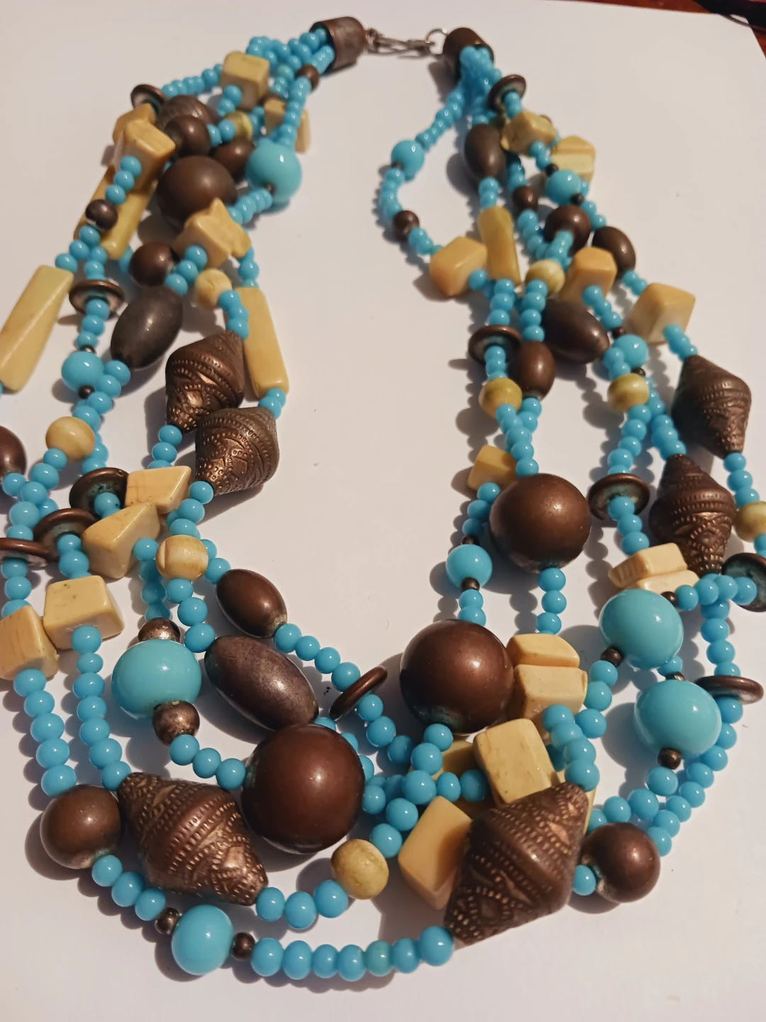Multi Strand Layered Beaded Necklace Blue, Tan & Bronze - photo 2